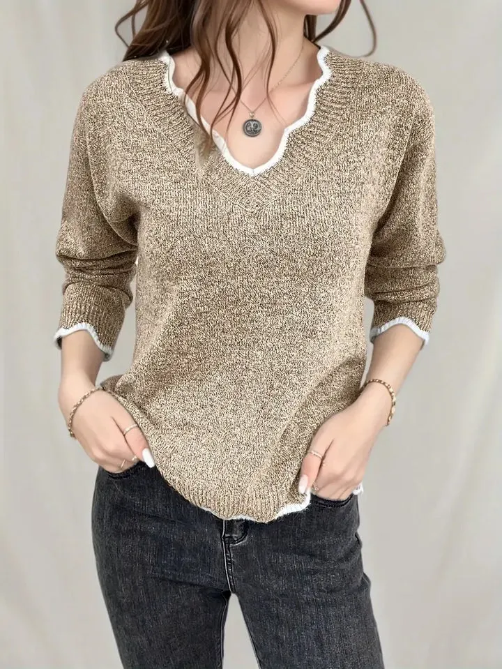 Heidi-Mode | Pull En Tricot Décontracté Avec Manches Longues, Garniture En Coquillage Et Encolure En V